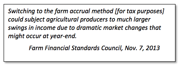Quote FFSC about impact of cash-to-accrual tax change on farms
